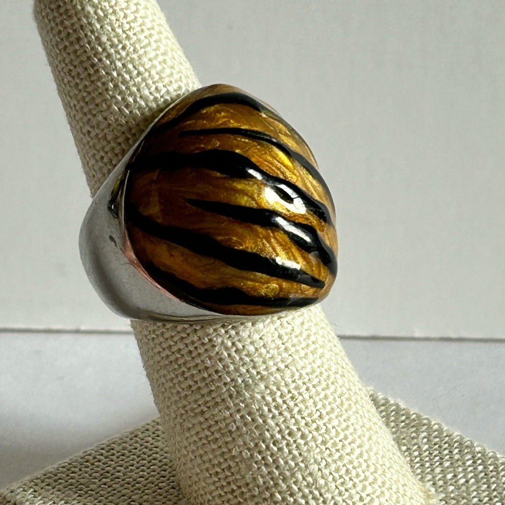 Vintage Murano Enamel Glass on Silver Animal Tiger Jaguar Stripe Ring size 7